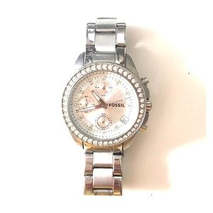 Silver Fossil watch with stones around face